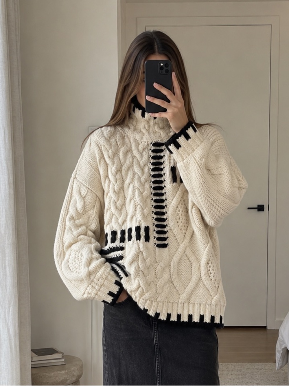 Zara Contrast Stitch Cable Knit Turtleneck Sweater Cream Black Size M